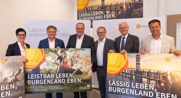 Landeshauptmann Doskozil präsentiert mit Landesholding Geschäftsführer Rucker und den Geschäftsführern aus den vier Bereichen Immobilien, Wirtschaft, Gesundheit sowie Tourismus die neue Kampagne. 