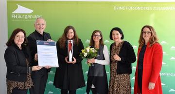 Am Foto: Charlotte Jautz, Landesgeschäftsführerin von Frau in der Wirtschaft Burgenland, FH Burgenland Geschäftsführer Georg Pehm, Eszter Toth, Leitung der Abteilung Personal, Organisation, Recht der FH Burgenland mit ihrer Mitarbeiterin Petra Kiradi, Andrea Gottweis, Spartenobfrau Handel und Petra Schumich, Landesvorsitzende von Frau in der Wirtschaft und Bezirksvorsitzende Eisenstadt.